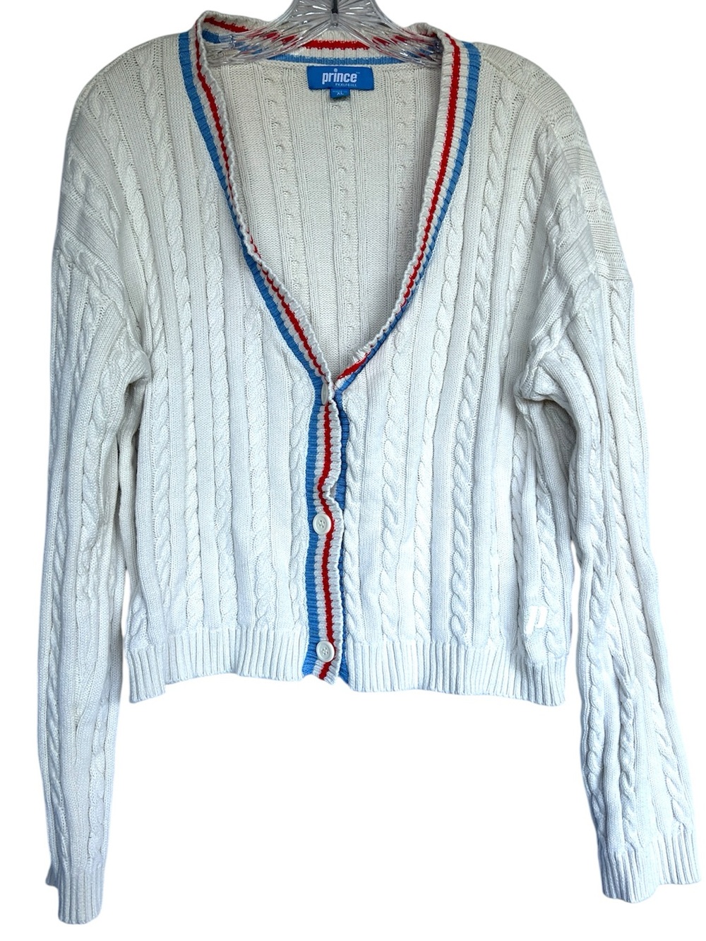 Prince Tennis Cardigan Sweater Stripe vneck Womens XL pickle ball cable knit